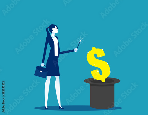 Magician making money from magic hat. Business Financial concept