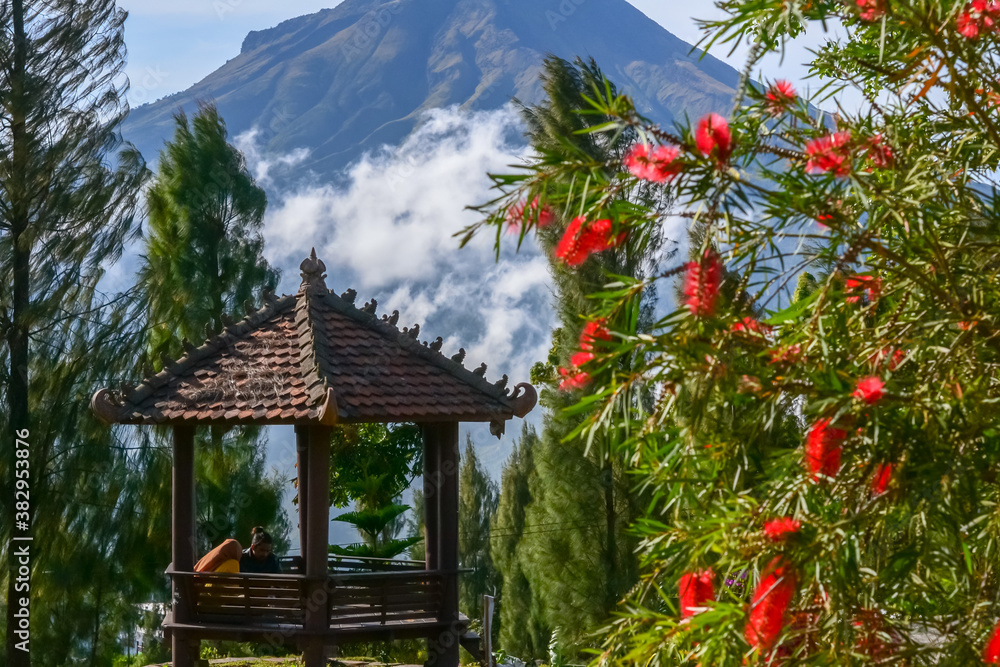 gazebo in the natural tourist spot of Posong, Mount Sindoro, Central Java, Indonesia in the morning