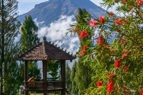 gazebo in the natural tourist spot of Posong, Mount Sindoro, Central Java, Indonesia in the morning photo