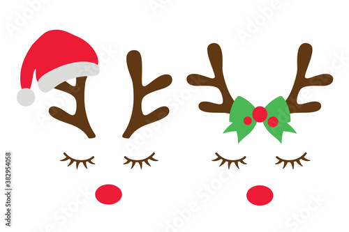 Vector illustration of reindeer faces with a Santa clause hat and a bow.