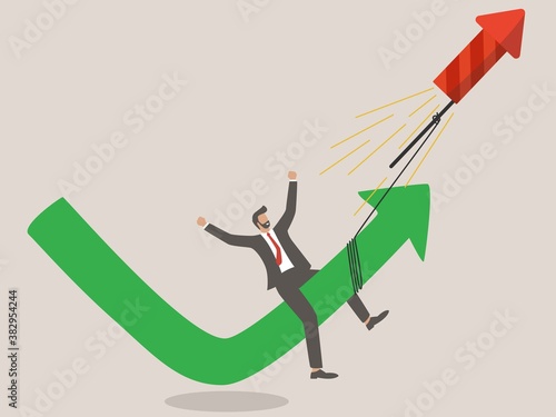 Stock market rebound, overcome business down fall and grow up profit or leadership and achievement concept, 
businessman flying with fireworks rocket with green rising up performance arrow graph.