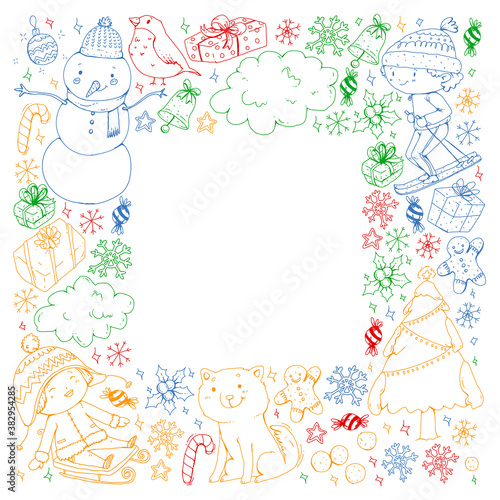 Christmas winter vector background with children. Kids vacation and sport.