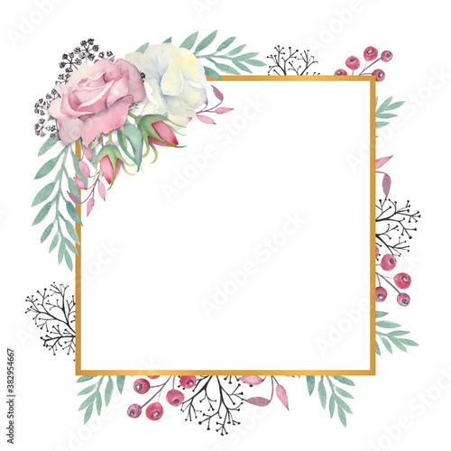 Fototapeta Naklejka Na Ścianę i Meble -  White and pink roses flowers, green leaves, berries in a gold square frame. Watercolor illustration