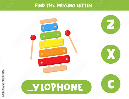 Find missing letter with cute cartoon xylophone