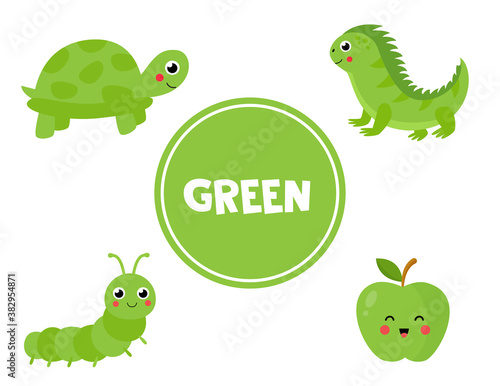 Learning green color for preschool kids. Educational worksheet.