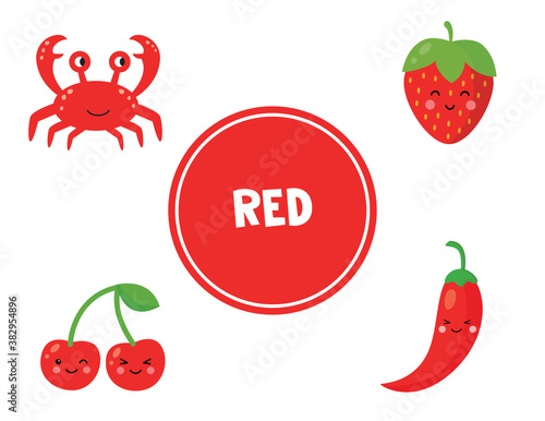 Learning red color for preschool kids. Educational worksheet.