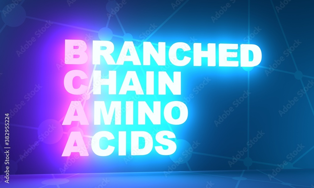 BCAA - Branched Chain Amino Acids acronym. Sport nutrition concept background. 3D rendering. Neon bulb illumination