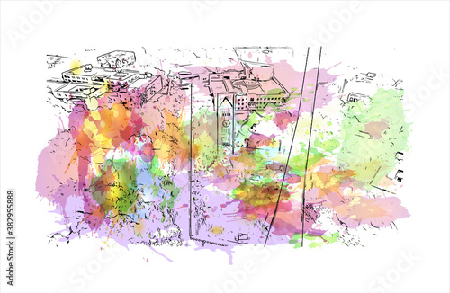 Building view with landmark of Belgaum is a city in the Indian state of Karnataka located in its northern part along the Western Ghats. Watercolor splash with hand drawn sketch illustration in vector. photo