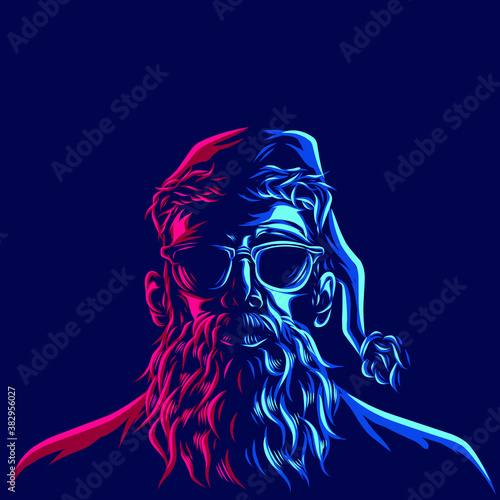 Cool funky santa claus christmas on december logo line pop art potrait colorful design with dark background. Abstract vector illustration.