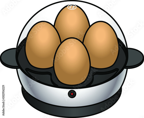 A bench-top electric egg boiler with four brown eggs.