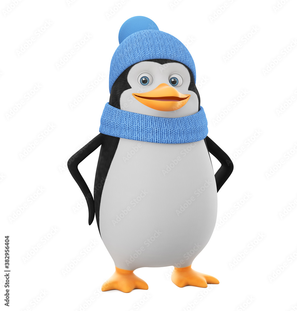 Obraz premium Cartoon character penguin in winter clothes on an isolated white background. 3d render illustration. Illustrations for advertising.