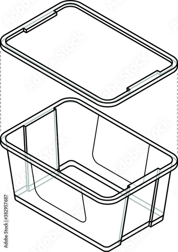 A transparent plastic storage tub with lid off.
