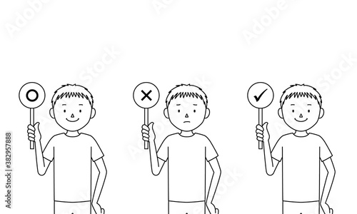 Illustration set of a boy raising an answer tag (with correct sign, with wrong sign)