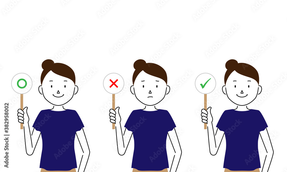 Illustration set of a woman raising an answer tag (with correct sign, with wrong sign) Illustration set of a woman raising an answer tag (with correct sign, with wrong sign)