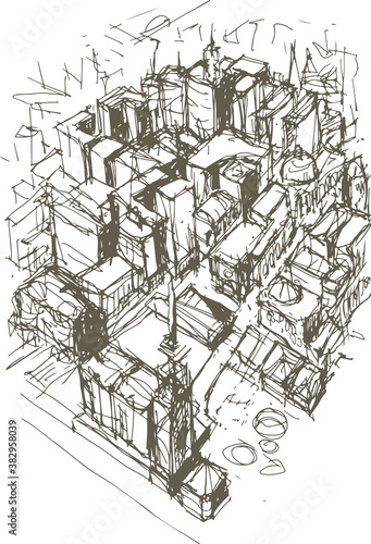 A hand drawn 3d perspective sketch of a fictional city done in brown ink.