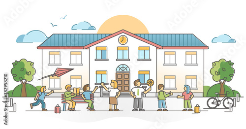 School building exterior with pupil and kids with teachers outline concept