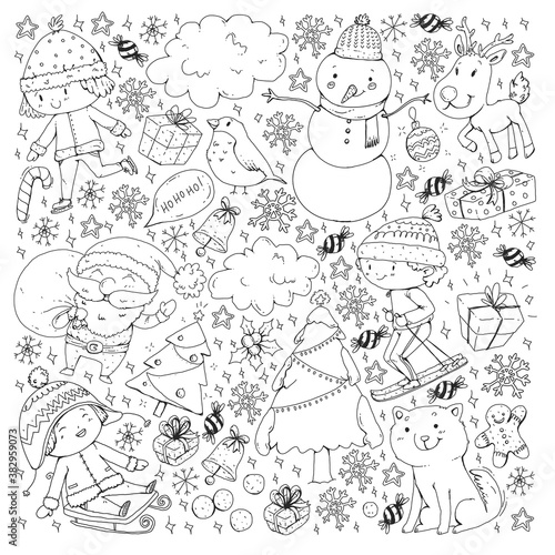 Christmas winter vector background with children. Kids vacation and sport.
