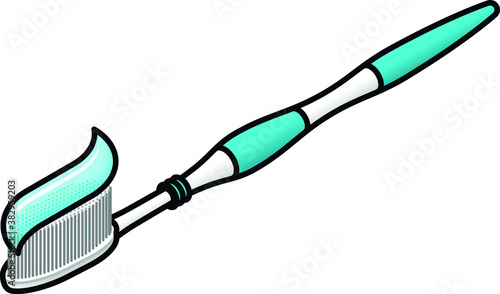A teal toothbrush with a dollop of translucent teal toothpaste.