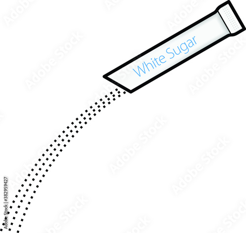 A sugar sachet tube pouring out white sugar crystals.