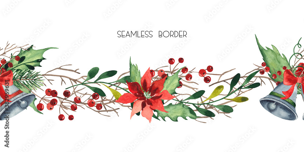 Naklejka premium Watercolor Christmas seamless border with Christmas bells, bow and holly. Watercolor hand drawn painting illustration isolated on white background.