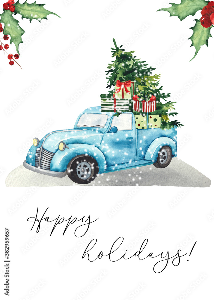 Watercolor Christmas greeting card with blue pickup, Christmas tree, gifts, Christmas truck