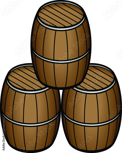 A stack of three wooden barrels.