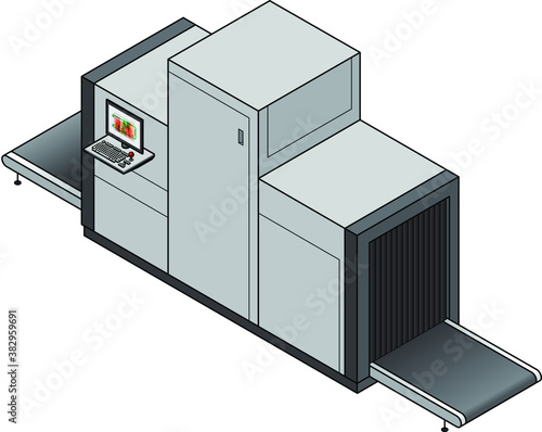An airport check-in baggage x-ray scanner with attached operator controls and screen.