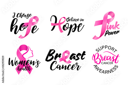 Breast Cancer Awareness ribbons and badges. October is a month of breast cancer awareness in the world. Pink ribbon. Vector illustration.