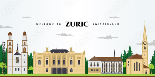 Beautiful view landscape of Zurich with great famous landmark building. A favorite among those who have visited it. Grossmunster, Zurich Opera House, Wasserkirche and Fraumunster. Best destination