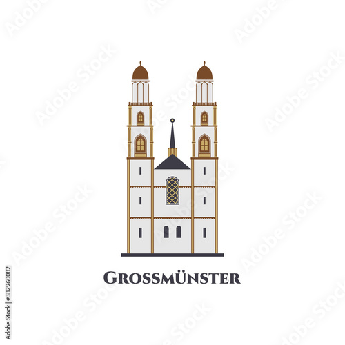 Switzerland landmark. Beautiful architecture view of Grossmunster the most famous building. The Grossmunster is a Romanesque-style Protestant church in Zurich, Switzerland. Recommended tourist visit