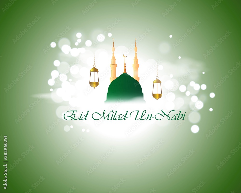Vector illustration of Eid Milad-Un-Nabi means birth of the Prophet, mosque, moon, stars, lanterns, muslim pattern and bokeh background, Islamic greeting banner template. Vector illustration of Eid Milad-Un-Nabi means birth of the Prophet, mosque, moon, stars, lanterns, muslim pattern and bokeh background, Islamic greeting banner template.