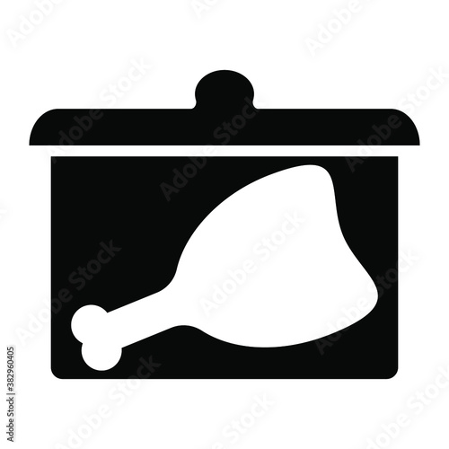 Piece of meat or chicken in a black pan on a white background, sign for design, vector illustration