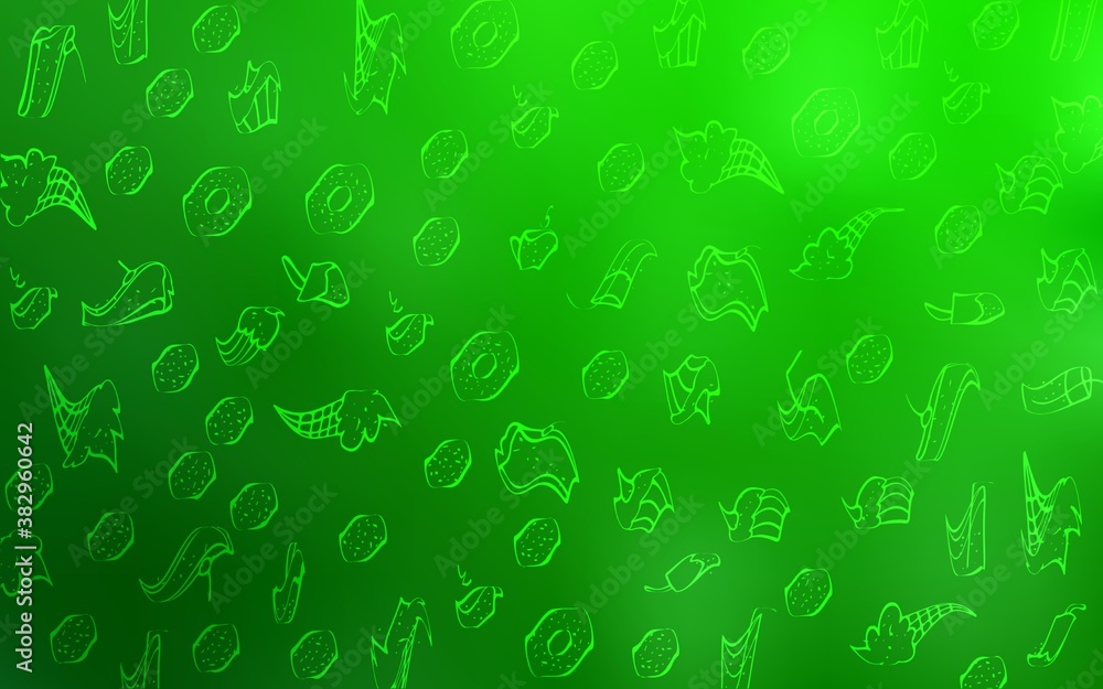Light Green vector texture with sweets, candies. Blurred decorative design of desserts in doodle style. Pattern for menu of cafes and restaurants. Light Green vector texture with sweets, candies. Blurred decorative design of desserts in doodle style. Pattern for menu of cafes and restaurants.