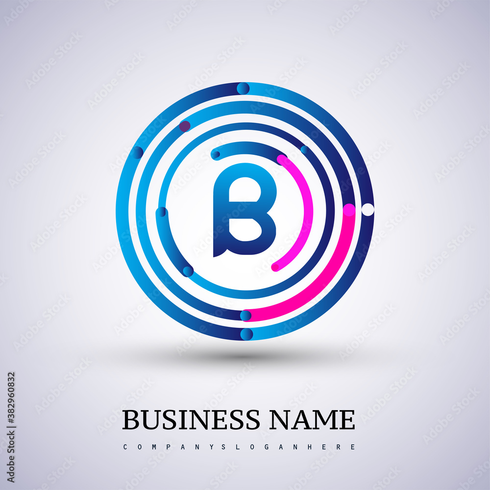 Letter B vector logo symbol in the circle thin line colored blue and red. Design for your business or company identity.