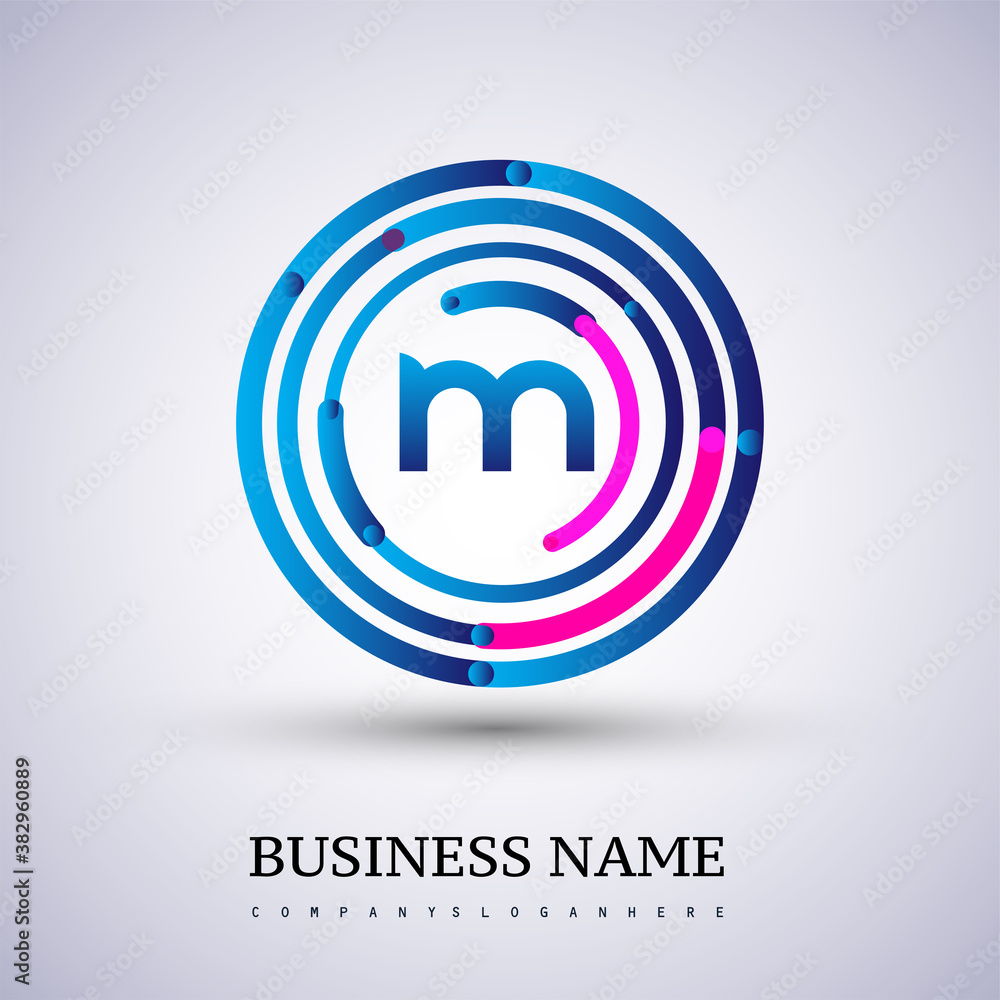 Letter M vector logo symbol in the circle thin line colored blue and red. Design for your business or company identity. Letter M vector logo symbol in the circle thin line colored blue and red. Design for your business or company identity.