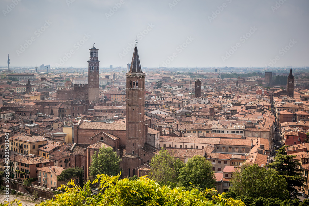 Beautiful views of Verona, the Adige river, bridg and Cathedral from the observation deck at St. Peter's castle. Verona,  Italy
