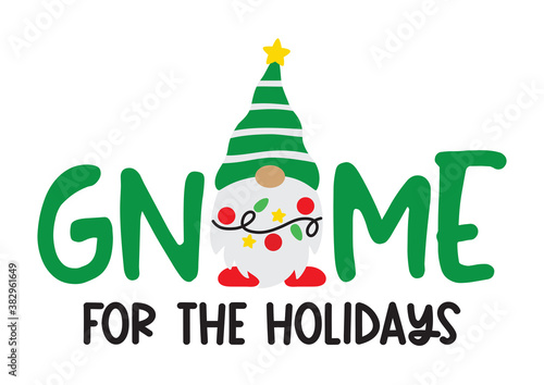 Vector illustration of a holiday gnome with decorative Christmas party string lights.