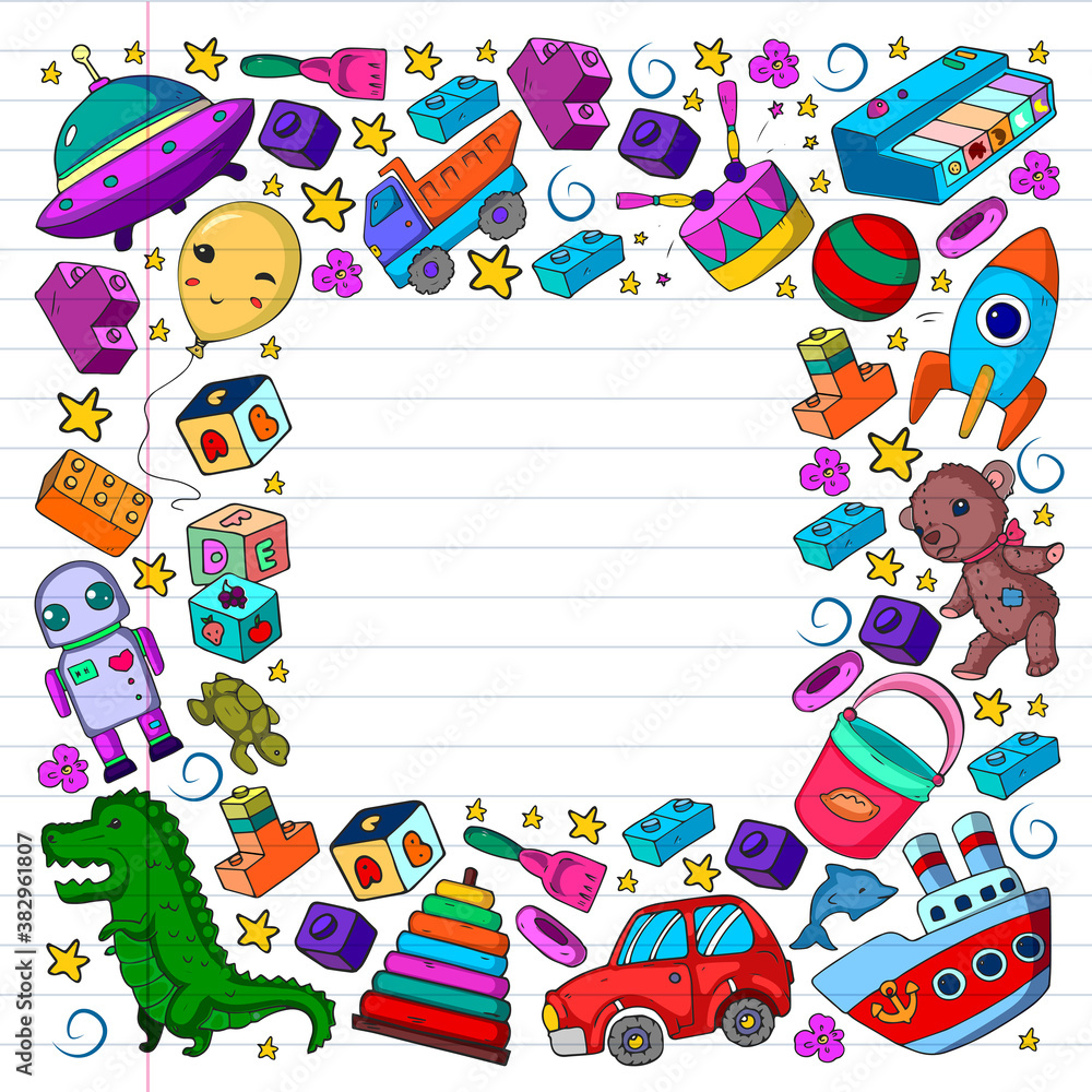 Set of vector toys for little children. Ufo, submarine. Cartoon dinosaur. Kindergarten kids. Set of vector toys for little children. Ufo, submarine. Cartoon dinosaur. Kindergarten kids.