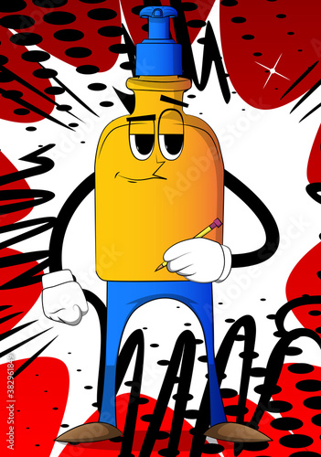 Cartoon bottle of hand sanitizer gel for hygiene with face writing with pencil.