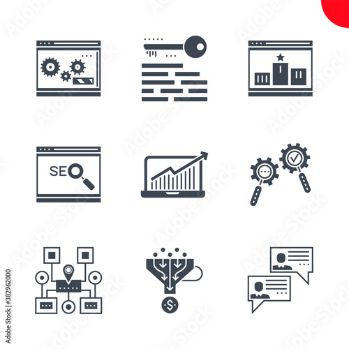 SEO Related Vector Glyph Icons Set. Social chanels, keywording, sales funnel, sitemap navigation, search process, growth traffic, ranking. 