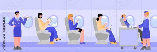 Airplane interior view with passengers sitting in seats and flight attendants or stewardesses, flat cartoon vector illustration. Serving passengers during the flight.
