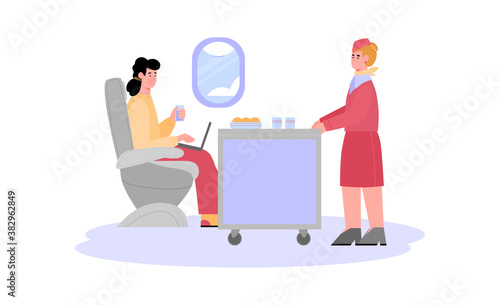 Flight attendant walking in aircraft offering plane passengers food and drinks. Airline service with stewardess, flat cartoon vector illustration white background