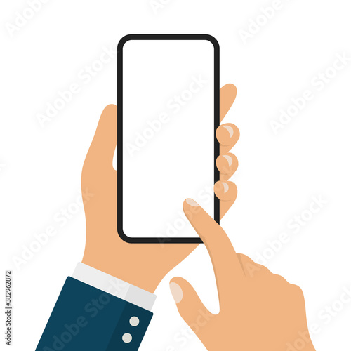 Businessman Hand Holding Black Smartphone Swipe or Touch White Screen.