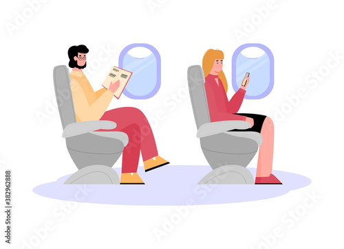 passengers during flight by airplane sitting on their seats, flat cartoon vector illustration isolated on white background. Cartoon man and woman in plane.