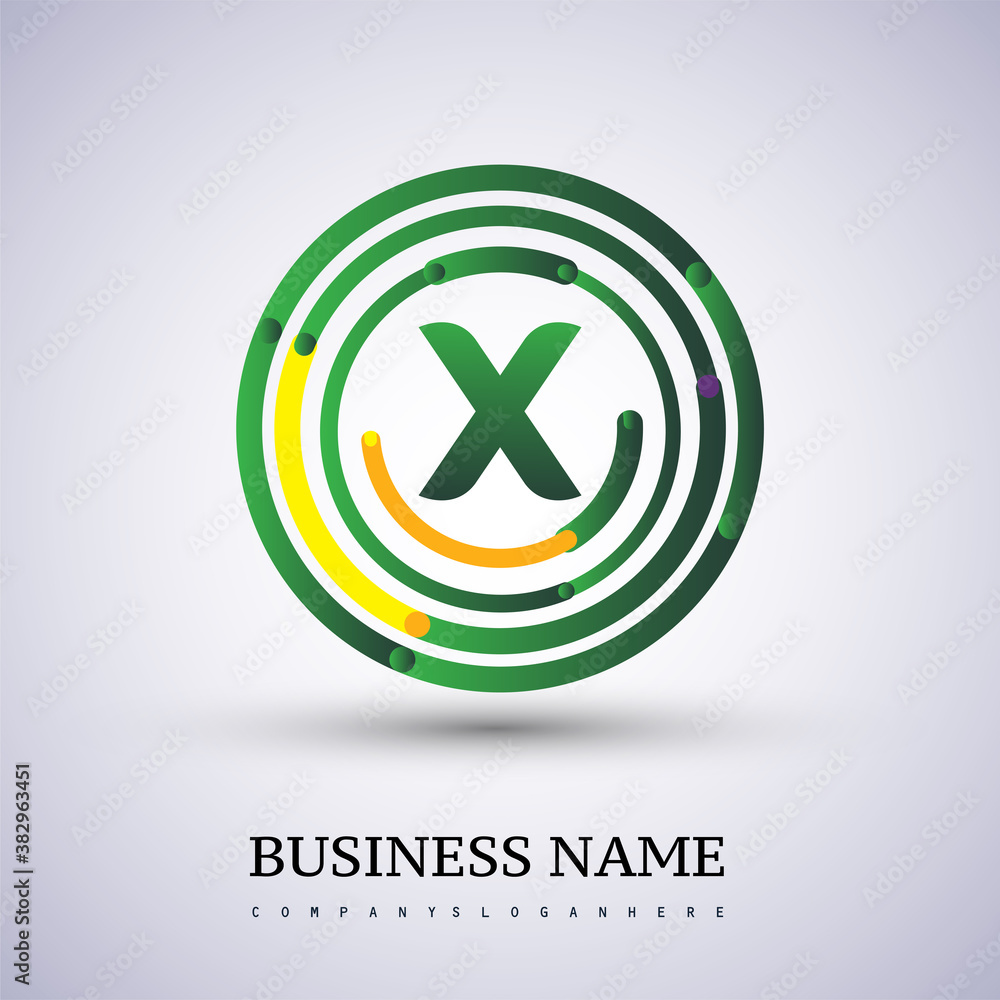 Letter X vector logo symbol in the circle thin line colored green and yellow. Design for your business or company identity. Letter X vector logo symbol in the circle thin line colored green and yellow. Design for your business or company identity.