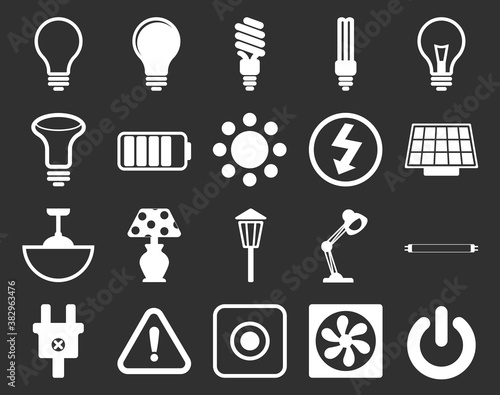 Set of light electricity icons isolated on a dark background. Set of light bulbs, lamps, socket, electric plug, socket, switch, extension cord and fluorescent lamp, vector isolated electrification ico