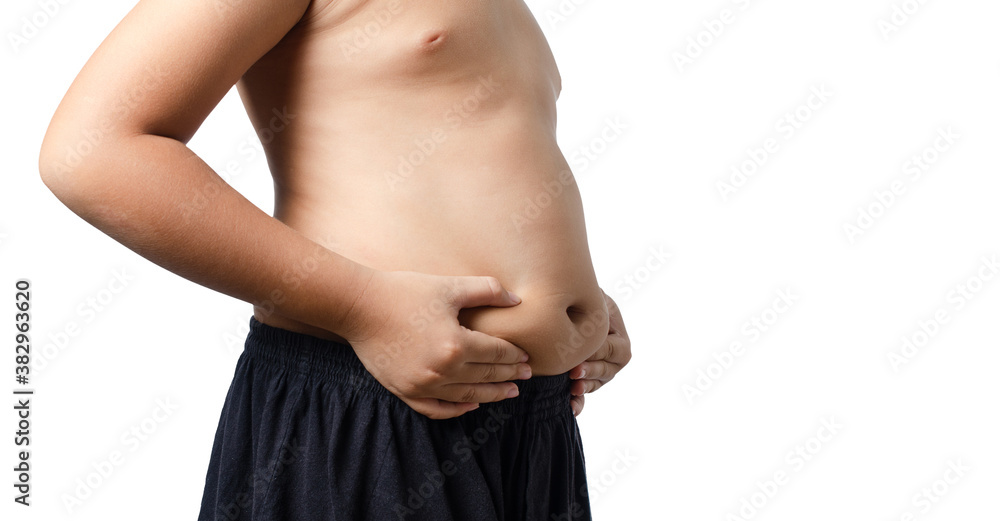 Boy hands touching her fat on body isolated on white background.healthy concept. Boy hands touching her fat on body isolated on white background.healthy concept.
