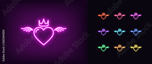 Neon king or queen heart, glowing icon. Neon royal heart with crown and wings. Flying royal love photo