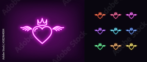 Neon king or queen heart, glowing icon. Neon royal heart with crown and wings. Flying royal love
