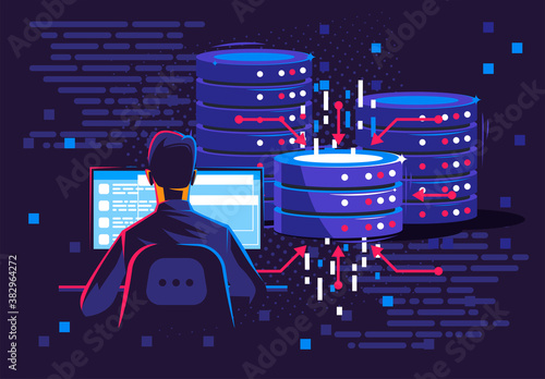 Fotografie, Tablou Vector illustration of a man sitting at a computer, a system administrator in a